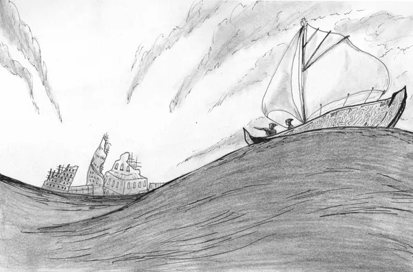 A ship on a rolling wave, sails full with wind. A figure points in the distance to ruined skyscrapers and buildings, the clouds in the sky seeming to point to them, too.